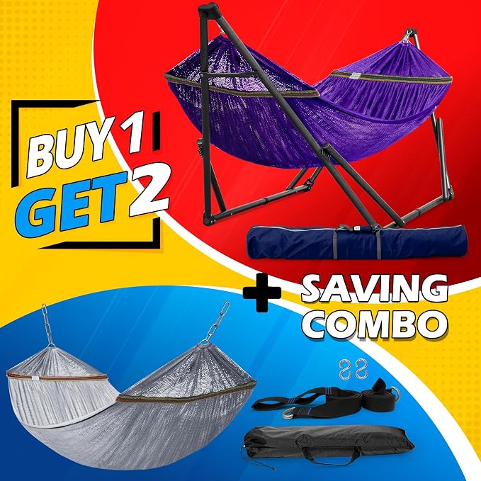 Tranquillo Combo x2 Hammocks with Stand for Outside & Tree Straps, Heavy Duty Hammock with Stand 600lbs for Indoor Outdoor Patio Backyard, x2 Hammocks for 2 Person (Combo - Purple, Medium) - Image 2