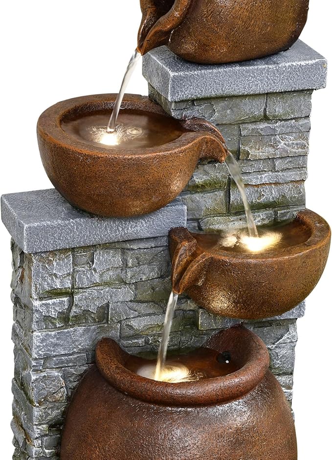 42.52" Outdoor Garden Water Fountain with Lights 4 Tiers Cascading Large Waterfall Floor Standing Fountain for Patio, Backyard, Deck, Porch and Home Art Decor