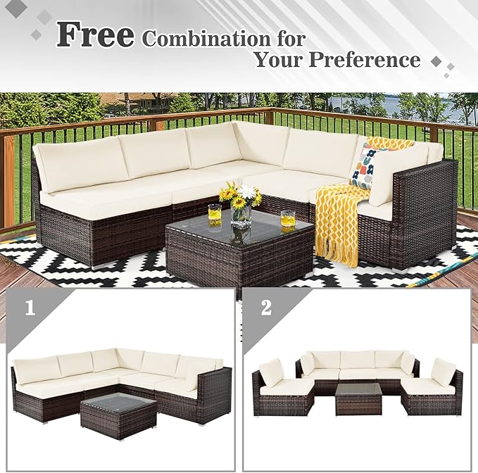 Tangkula 6 Pieces Patio Furniture Set, Outdoor Wicker Conversation Set with Glass Coffee Table, Wicker Sofa Set with Back & Seat Cushions, Rattan Sectional Conversation Set for Backyard Garden