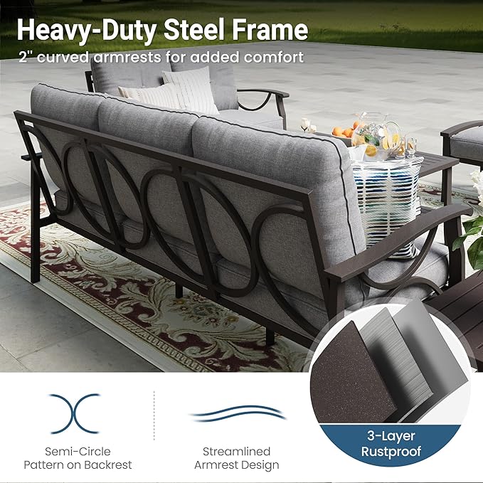 5-Piece Outdoor Patio Furniture Set, Outdoor Metal Sectional Furniture with Cushions, Outdoor Conversation Seating Set with Coffee Table for Balcony, Garden, Deck, Backyard, Grey