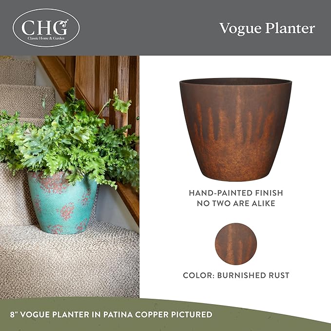 Classic Home and Garden Vogue Planter Pots w/Pottery Quality Finish - Modern Indoor & Outdoor Flower Pots - UV-Resistant Porch Planters - Decorative Pot for Flowers & Herbs (8?€? Burnished Rust)