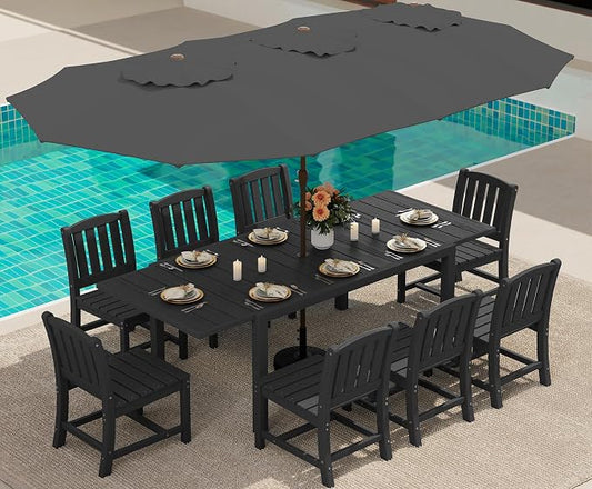 SERWALL 10-Piece Patio Dining Sets with 15FT Patio Umbrella, 60" - 83" Expandable Outdoor Dining Table and 8 HDPE Chairs, Aluminum Frame Table with HDPE Tabletop, Black (Umbreall Base not Included) by SERWALL