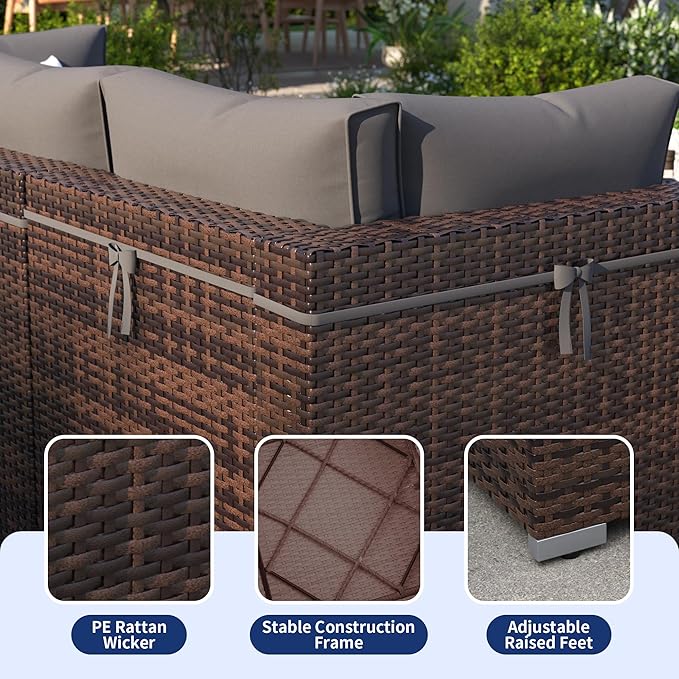 Patio Furniture Set, 7 Pieces Outdoor Sectional Sofa, PE Wicker Backyard Conversation Set with Waterproof Cover & Coffee Table, Modular Outdoor Couch for Garden, Poolside (Brown/Grey Cushions)