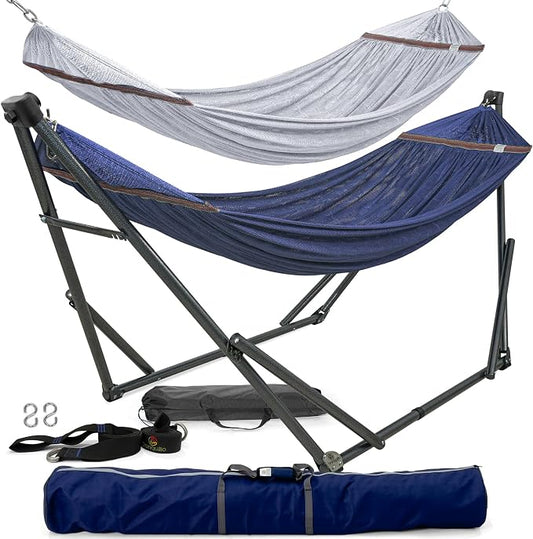 Tranquillo Combo x2 Hammocks with Stand for Outside & Tree Straps, Heavy Duty Hammock with Stand 600lbs for Indoor Outdoor Patio Backyard, x2 Hammocks for 2 Person, Portable Carrying Bags, Aegean by Tranquillo