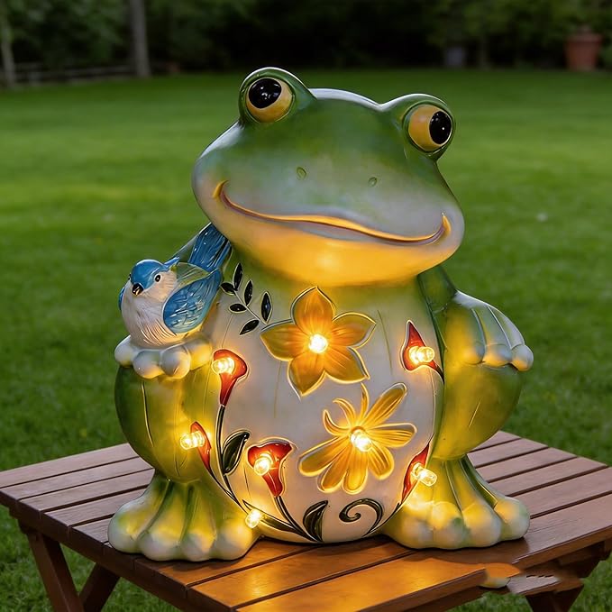 Outdoor Frog Sculptures,Solar Resin Garden Outdoor Statues,Mother's Day Frog Gifts Sculptures Decorations for Home Patio,Yard,Lawn, Porch, Ornament