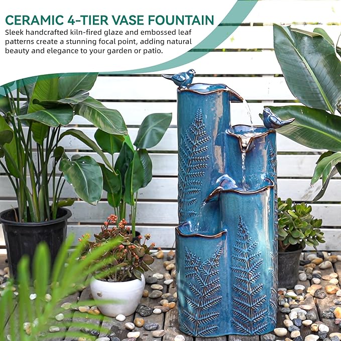 32" H Ceramic Outdoor Water Fountain, 4-Tier Tropical Cascading Waterfall with LED, Turquoise Glaze & Embossed Fern Pattern, Bird-Attracting Water Feature for Garden Patio Yard & Porch Decor