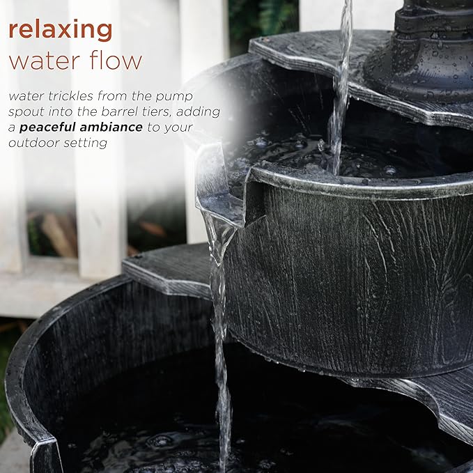 Alpine Corporation 27" Tall Rustic Outdoor 2-Tier Barrel Pump Water Fountain with Soothing Cascading Water Flow for Patio, Yard, Porch, or Landscape, Gray