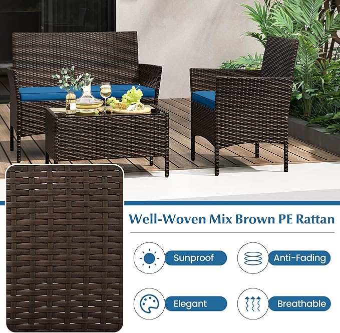 KOTEK 8 Piece Patio Furniture Set, Outdoor Rattan Conversation Set with Loveseat, Wicker Chairs, Tempered Glass Coffee Table, Wicker Patio Set for Backyard, Porch (Peacock Blue)