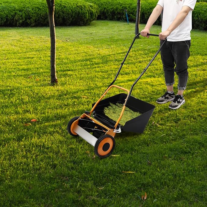 16 Inch Manual Push Lawn Mower, Freestanding 5-Edged Blades Push Lawn Sweeper with Grass Collecting Box, Adjustable Mowing Height 2-in-1 Wheeled Manual Lawnmower for Backyard Grassland - Image 2