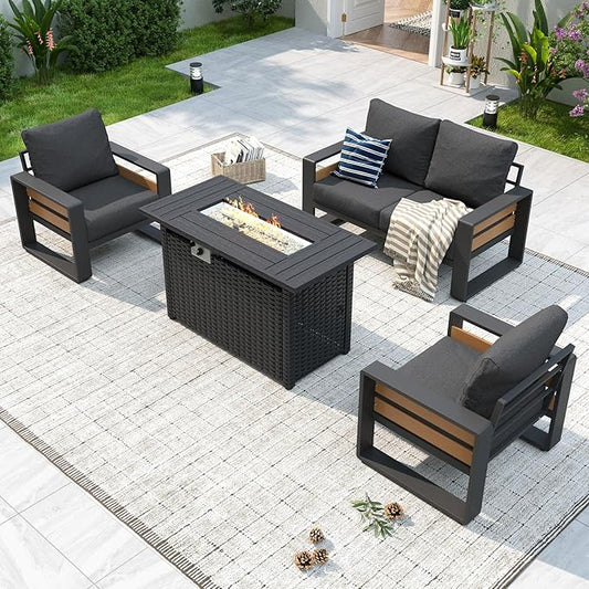 Aoxun Aluminum Patio Furniture Set with Fire Pit Table, 4 Piece Luxury Outdoor Sectional with 6" Olefin Fabric Cushions, Patio Conversation Sets with Waterproof Cover for Backyard, Porch Dark Grey