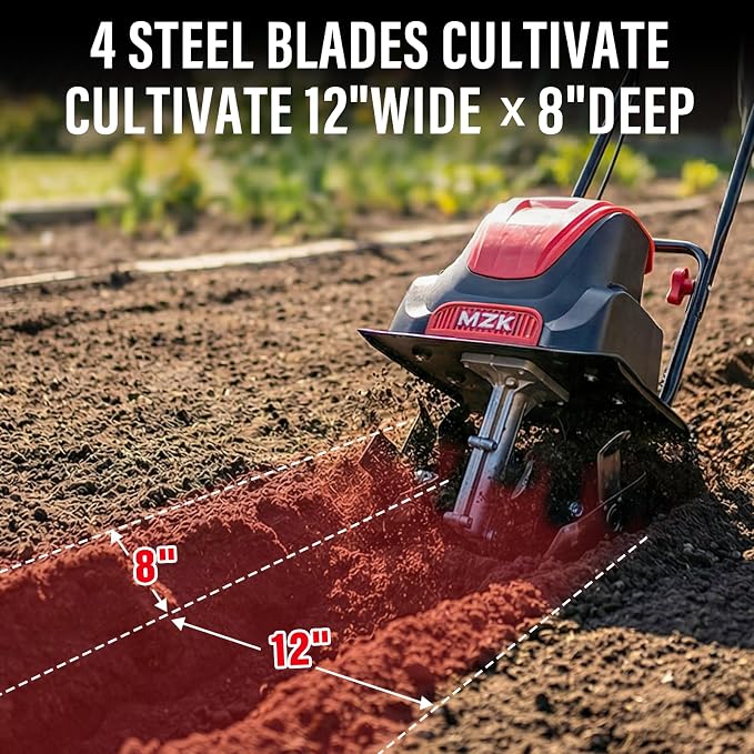 MZK 12-Inch 10.5 Amp Corded Electric Tiller/Cultivator for Gardening, 8-inch tillling Depth, Powerful and Lightweight Tiller, Electric Garden Rototiller for Lawn/Yard/Garden Soil Digging,TC12A03 - Image 2