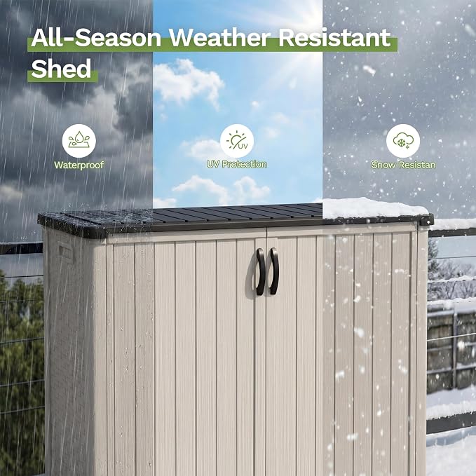 Patiowell 50 cu.ft Plastic Outdoor Storage Shed, Lockable Waterproof Resin Storage Cabinet Vertical Storage Shed for Garden Tools, Garbage Cans, Pool Supplies, Beige(Not Include Shelves) - Image 5