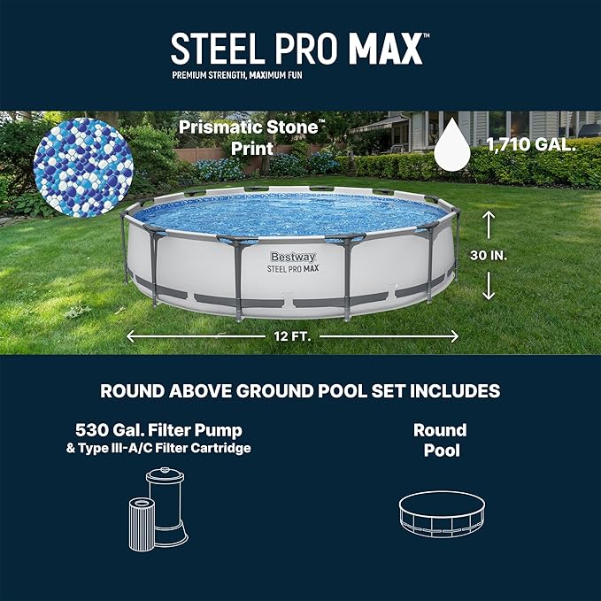 Bestway Steel Pro MAX 12' x 30" Above Ground Pool, Round Metal Frame Outdoor Swimming Pool Set with Filter Pump & Type III A/C Cartridge, Gray - Image 3