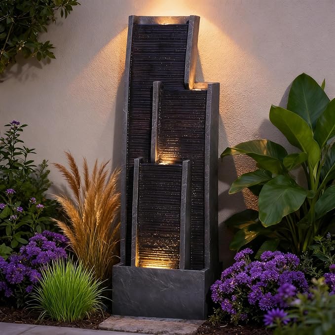 40.5" H Large Modern Indoor Water Fountains - Floor Standing Waterfall Fountain for Indoor or Outdoor with LED Light and Pump for Deck, Patio, Porch, Garden, Yard Decor, Outside Water Feature