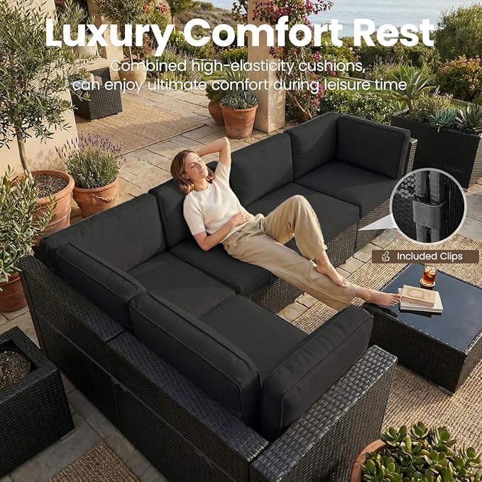 8 Pieces Patio Furniture Set with 44" Propane Gas Fire Pit Table, Outdoor Sectional Wicker Conversation Sofa Sets with Coffee Table