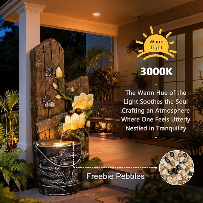 30.7" H 3-Tier Rustic Water Fountain Outdoor with Lights, Faux Iron Bucket & Wooden Stripe Cascading Waterfall Feature with Flowers & Butterfly for Garden, Patio, Backyard, Porch, Yard Decor