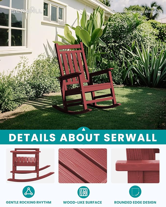 SERWALL Oversized Outdoor Rocking Chair Set of 4, HDPE Rocker for Adults, Patio Rocking Chairs for Porch, Crimson Red - Image 3