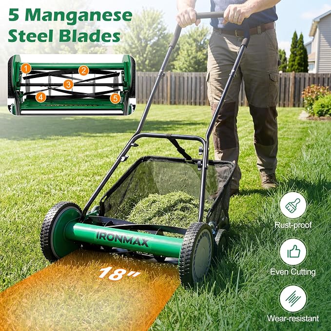 IRONMAX 18 Inch 5-Blade Push Reel Lawn Mower, 9-Level Adjustable Cutting Heights, Removable Grass Catcher, Lightweight No Motor Walk-Behind Manual Grass Cutter for Garden Yard Park (Green, 18 Inch) - Image 4