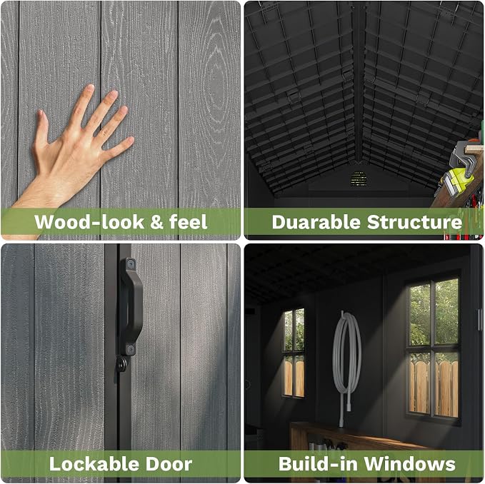 Patiowell 4x8 FT Plastic Outdoor Storage Shed with Floor, Garden Tool Shed with Two Windows and Single Lockable Door for Garden, Backyard, Lawn, Easy to Install, Dark Grey - Image 6