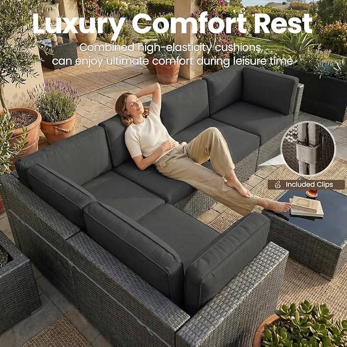 8 Pieces Patio Furniture Set with 44" Propane Gas Fire Pit Table, Outdoor Sectional Wicker Conversation Sofa Sets with Coffee Table