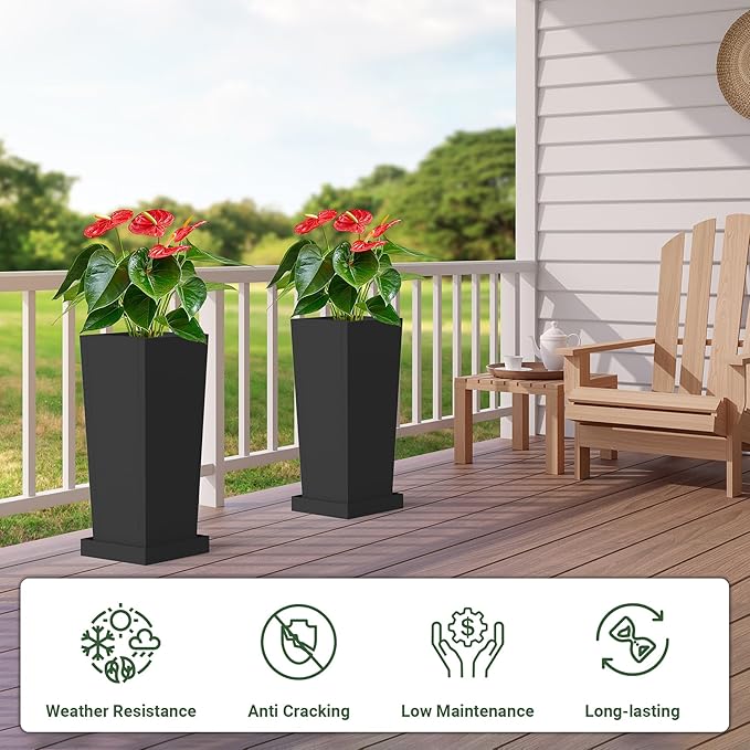 24 inch Metal Tall Planters Set of 2, Durable Taper Planter with Drainage Holes & Insert Shelves & Trays for Outdoor Indoor Garden Patio Front Door
