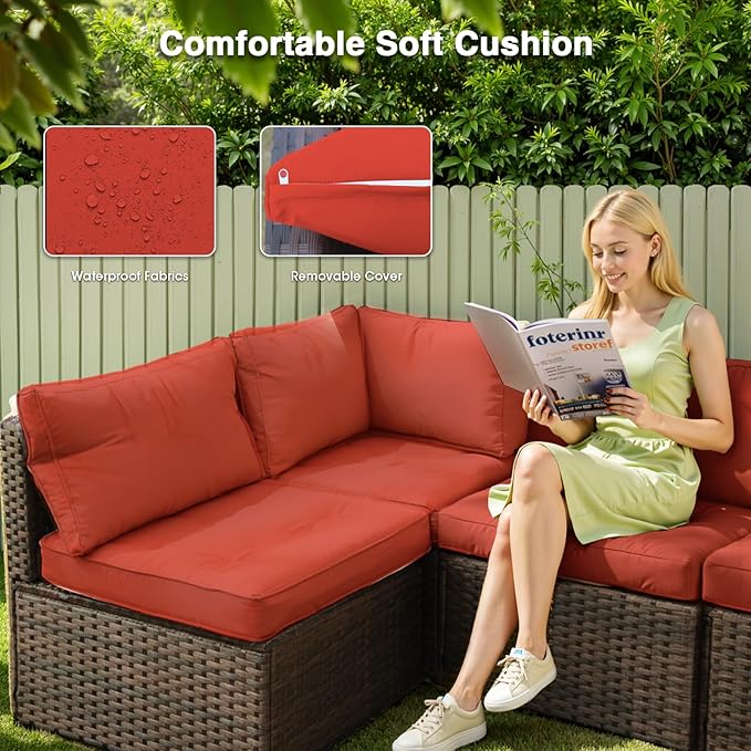 13 Piece Patio Furniture Set All Weather PE Rattan Outdoor Sectional Sofa Couch with No-Slip Cushions and Glass Top Table for Garden, Poolside, Backyard (Red)