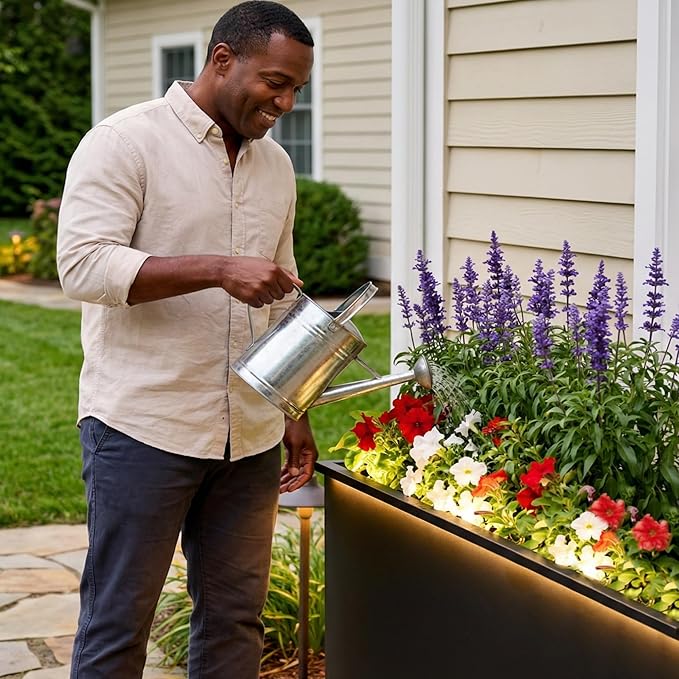 Wallowa Metallic Heavy Planter with Two Led Light Strips, 38Lx10Wx30H Inches Tall and Long Metal Divider Planter Box with Hand Brushed Gold Edge for Outside & Indoor, No Assembly (Black)