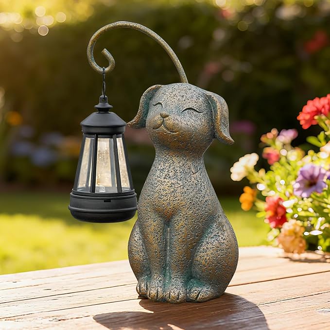 Solar Garden Decor Dog Statues with Lantern,Waterproof Resin Solar Outdoor Statue Decoration for Yard, Lawn, Flower Bed, Backyard, Front Yard, Patio, Balcony – Gift for Dog Lovers