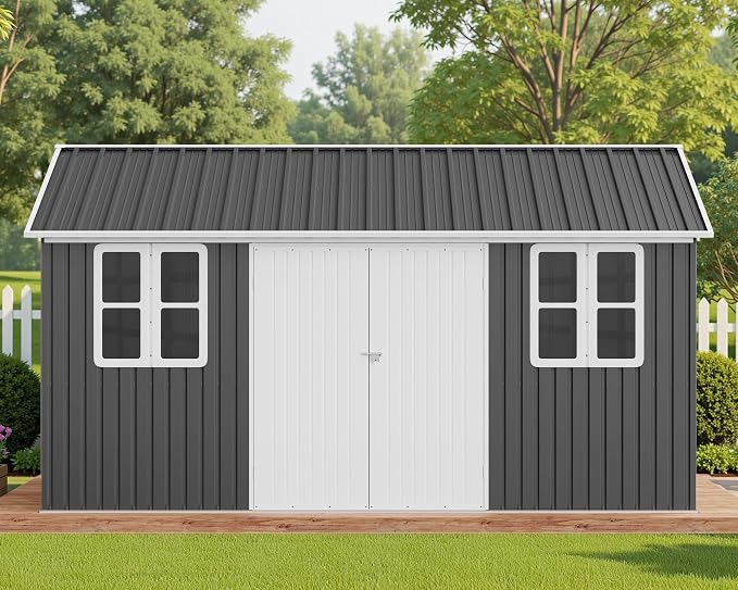 VanAcc 12 x 14FT Outdoor Storage Shed with a Lockable Hinged Door and 2 Windows, Nordic Cottage Metal Shed for Backyard, Garden, Patio, Dark Grey/White - Image 8