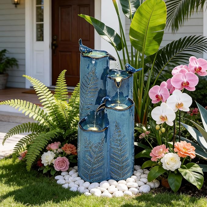 32" H Ceramic Outdoor Water Fountain, 4-Tier Tropical Cascading Waterfall with LED, Turquoise Glaze & Embossed Fern Pattern, Bird-Attracting Water Feature for Garden Patio Yard & Porch Decor