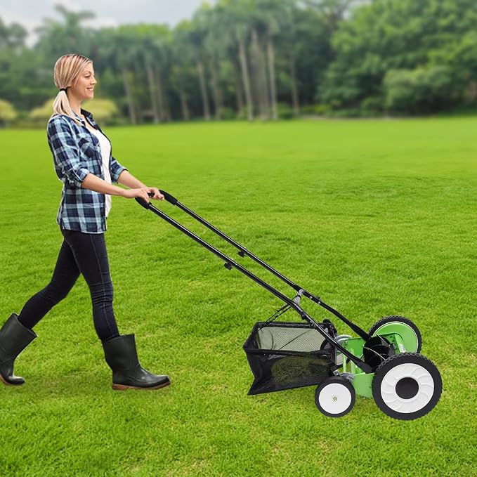 16-Inch 5-Blade Cordless Manual Reel Lawn Mower, Adjustable Cutting/Handle Height Grass Cutter with Grass Catcher, Green - Image 8