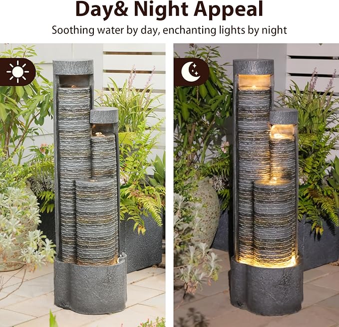 39.76" Tall Indoor Outdoor Water Fountain Modern Water Feature Stone-Textured Cascading Floor-Standing Fountains with Led Lights for Garden, Patio, Balcony, Yard, Office Home Art Decor