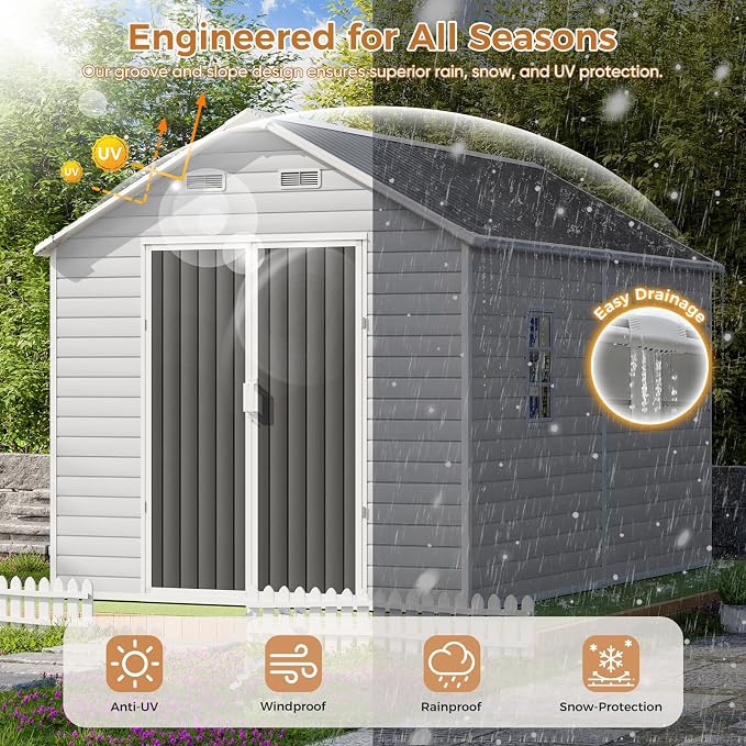 CDCASA Resin Storage Shed 8x12 FT, Waterproof Outdoor Sheds Heavy Duty Aluminum Frame Outside Plastic Tool Shed with Adjustable Openable Windows, Lockable Door for Backyard, Garden, Lawn, Dove Grey - Image 8