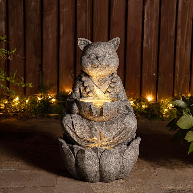 Glitzhome Water Fountain Outdoor, Outdoor Fountain with Lights, Zen-Style Water Fountain with Pump, 22" H 2-Tiered Concrete Cat Statue Polyresin Water Feature for Home Patio Garden Backyard Decor