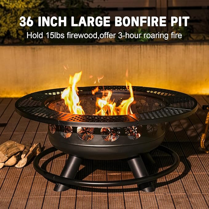 36 Inch Fire Pit with 2 Cooking Grills,Outdoor Wood Burning BBQ Firepit with Lid, 3-in-1 Outdoor Fire Pit for Backyard Deck Bonfire Patio Picnic(Black) - Image 4