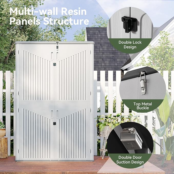 Aoxun White Resin Outdoor Storage Shed with 2 Shelves & Floor, 64 Cu.Ft Vertical Waterproof Cabinet for Garage, Pool, Bike, Garden Tools, Patio Furniture - Image 3