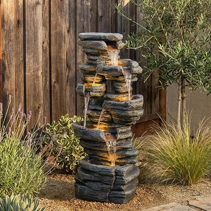 42.5" H Garden Outdoor Water Fountain with LED Lights & Pump, Mutiply-Tier Cascading Outdoor Fountain Suitable for Garden/Patio/Yard/Deck/Balcony and Home Art Decor（Resin）