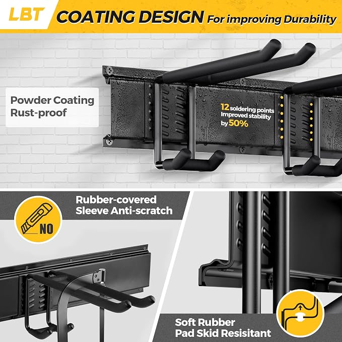 LBT 66" Garage Tool Organizer Wall Mount - 720lbs Garden Tool Organizer with Adjustable Hooks, Heavy Duty Metal Garage Storage Rack, Anti-Rust Shed Rack Holder Hanging Rake Broom Mower Snowboard - Image 4