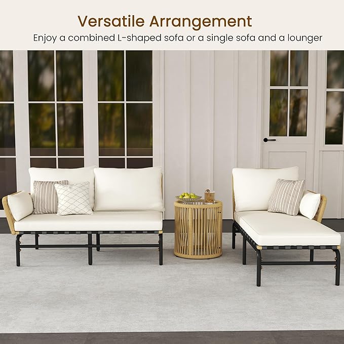 Yaheetech 3 Pieces L-Shaped Conversation Sofa Set, Outdoor Patio Furniture Set w/Detachable Lounger, Thick Cushions, Glass Side Table for Patio, Backyard, Porch, Garden