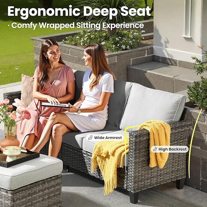 ovios Patio Furniture Set, 6 Pieces Outdoor Wicker Sofa Couch with Fire Pit Table, Ottomans and Comfy Cushions, All Weather High Back Rattan Conversation Set, Grey