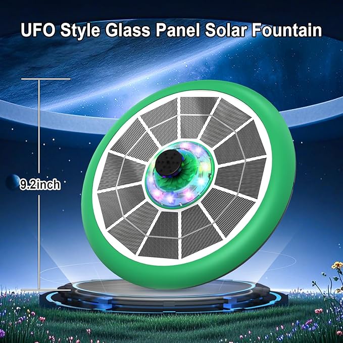 Solar Fountain UFO Style, 2026 Upgrade 5W Glass Solar Panel Bird Bath Fountain with LED Lights, 4000mAh Backup Battery, 7 Nozzles for for Garden, Pond, Pool, Patio Outdoor Water Feature