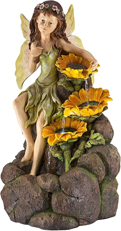 Garden Fairy with Sunflowers 26" High Large Modern Indoor Outdoor Cottage Core Decor Faux Stone Floor Fountain with Light LED Cascading Water Feature for Outside Patio Yard Backyard - John Timberland
