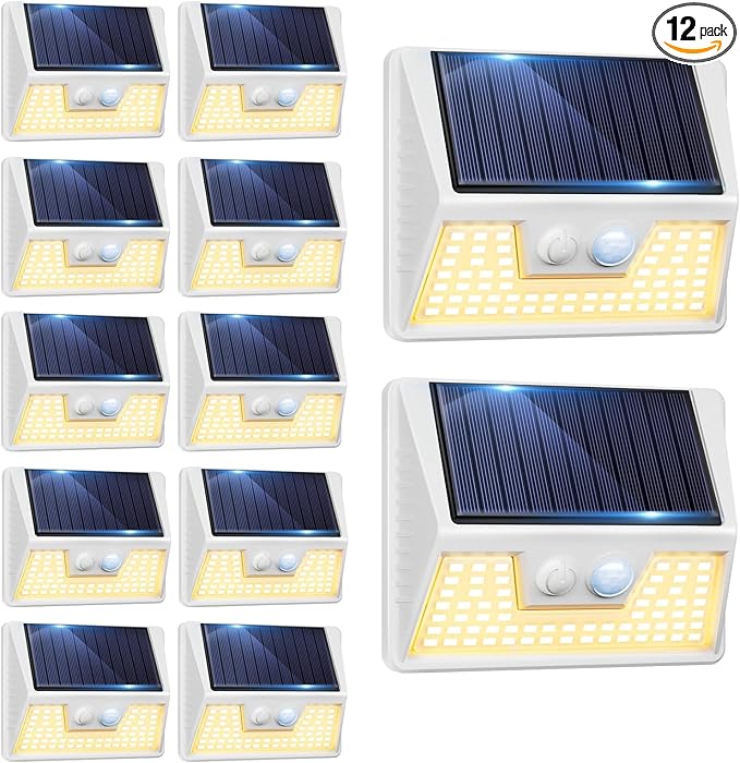12Pack White Solar Lights Outdoor Motion Sensor, 3000K Warm Light/3 Lighting Modes, IP65 Waterproof Solar Powered Wall Lights Outside for Garden Fence Backyard Deck Driveway