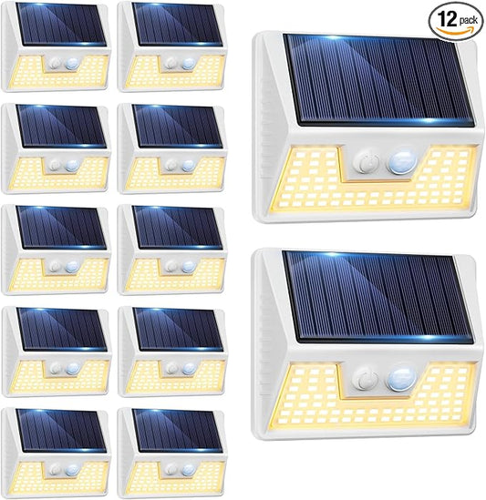 12Pack White Solar Lights Outdoor Motion Sensor, 3000K Warm Light/3 Lighting Modes, IP65 Waterproof Solar Powered Wall Lights Outside for Garden Fence Backyard Deck Driveway