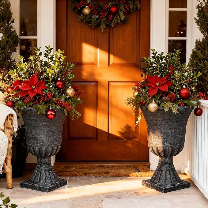 22" Tall Plastic Urn Planters Set of 2, 3D Textured Washed Black Finish Pedestal Plant Pots, Weather-Resistant Large Flower Pots for Front Porch, Patio, Garden & Indoor Use
