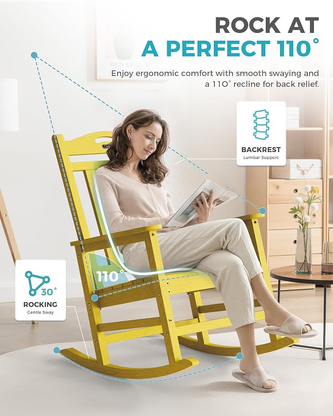 Ciokea Oversized Outdoor Rocking Chair, 380lbs Heavy-Duty Large Patio Rocker, Weather Resistant & Anti-Fade Porch Chair, High Back Cozy Rocking Chair for Outside, Fire Pit, Deck, Garden, Citron Yellow - Image 5
