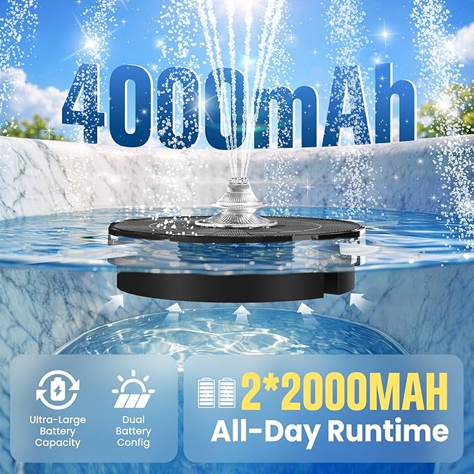 4000mAh Solar Fountain,2026 Solar Bird Bath Fountain Pump,3 Spray Solar Powered Water Fountain with lights,Floating Birdbath Fountain,DIY Water Bird Bath Fountain for Outdoor,Garden,Pond-white