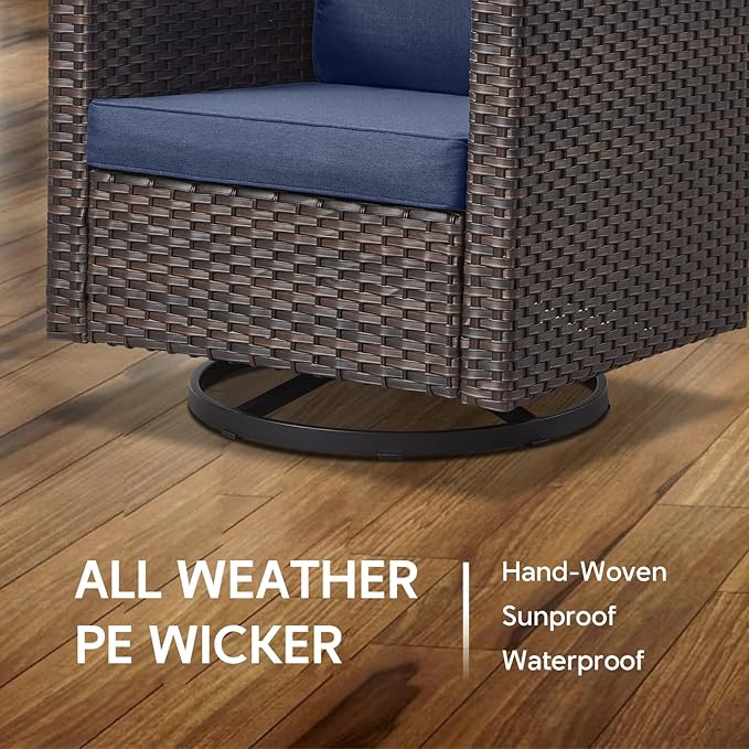 6 Piece Wicker Patio Furniture with Fire Pit Table - Outdoor Conversation Set with 50,000 BTU Fire Pit, All Weather Rattan Patio Set for Deck Backyard Garden - Brown Wicker Blue Cushion