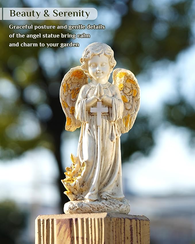 Solar Angel Statues for Outside, 12" Easter Garden Decoration, Solar Angel Figurines w/Lighted Cross for Cemetery, Yard, Pathway, Lawn Decor, Outdoor Guardian Angel for Memorial Gardens