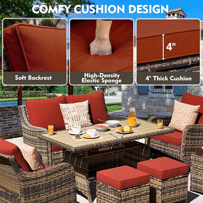 MEISSALIVVE 7 Pieces Outdoor Patio Furniture Set with Swivel Chairs, Wicker Patio Conversation Set, Patio Sectional Furniture Set with with Loveseat, 2 Ottomans and Dining Table (Red)